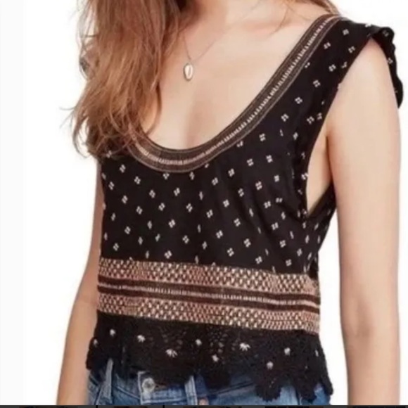 Free People Santorini Tank Top Crochet Trim Embroidered Smocked Back Size L EUC - Picture 14 of 14